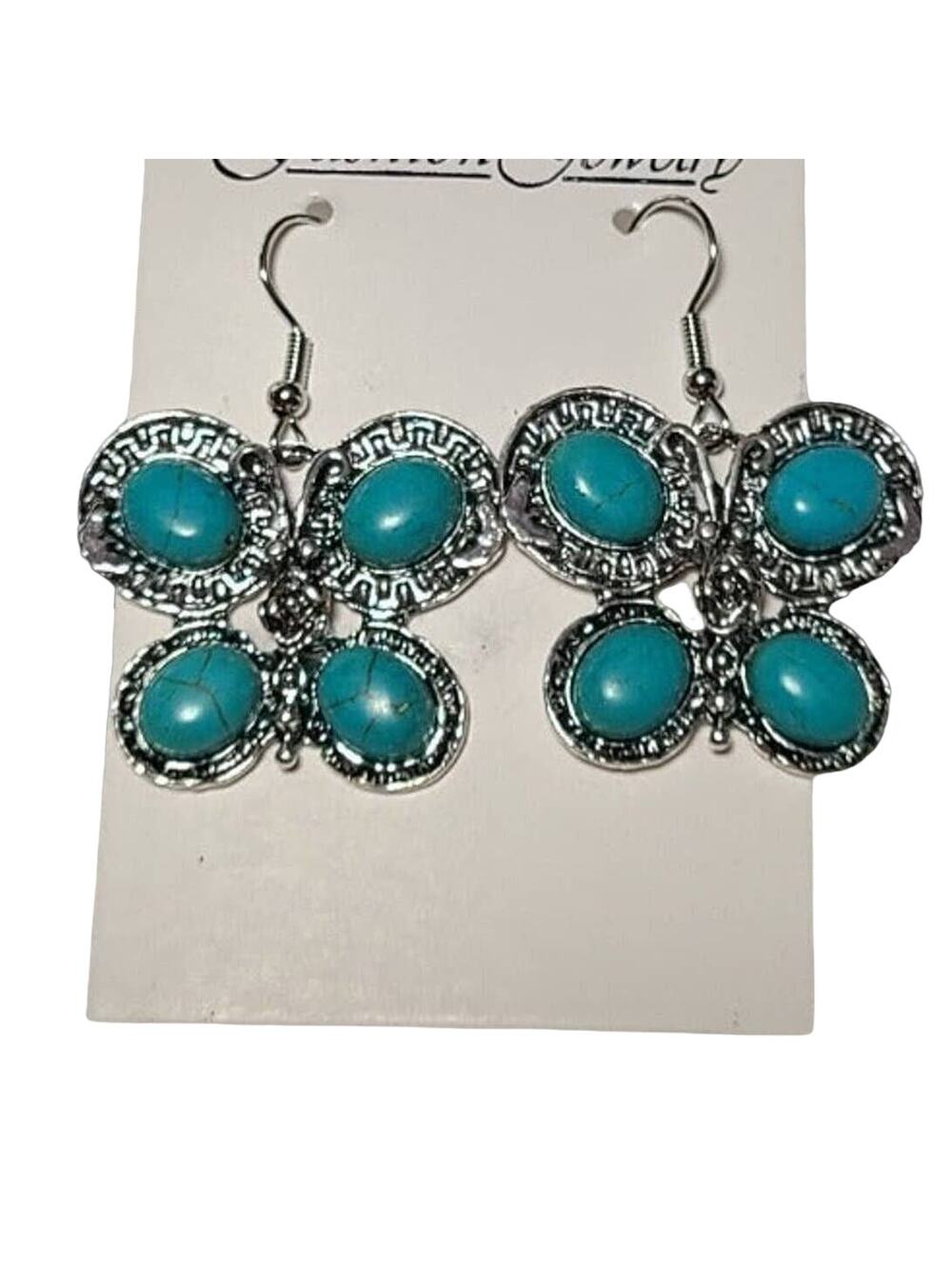 Silver Turquoise Stone Butterfly Dangle Drop Fashion Earrings
